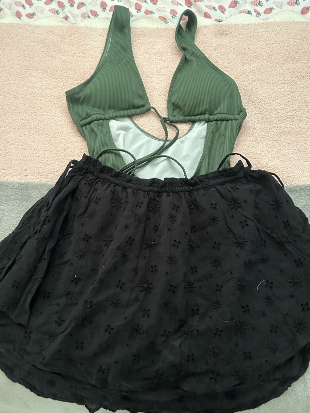 Olive Green Ribbed One-Piece Swimsuit with Black Eyelet Cover-Up